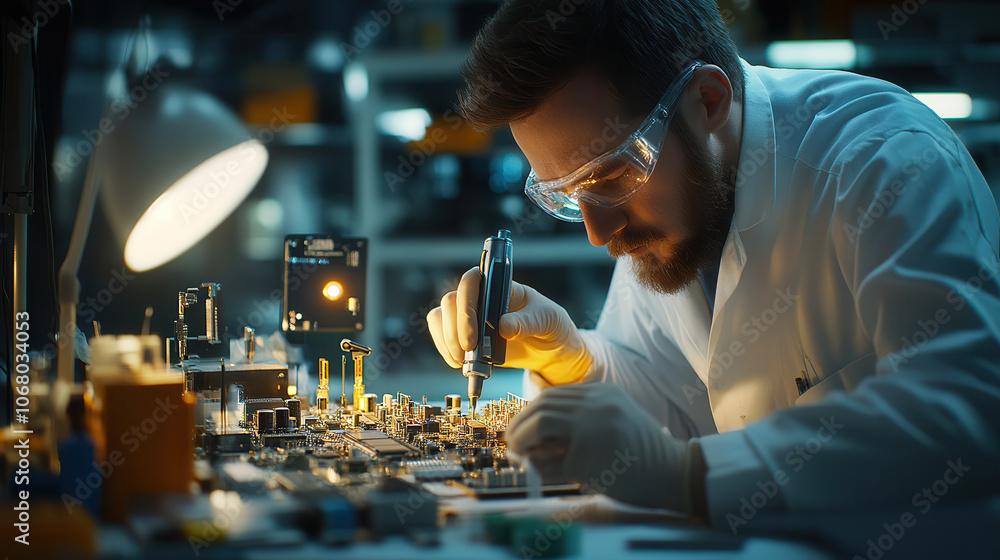 Poster technician focuses on electronics repair, using precision tools in lab. dedication to detail is evid