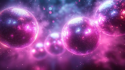 Disco balls in purple neon light create a retro music party atmosphere, perfect for banners promoting dance events and abstract party themes.