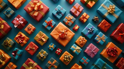 A colorful gift boxes with ribbons arranged in a neat pattern