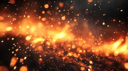 32.A cascade of glowing fire sparks rises against a deep black background, each ember floating delicately upwards. The bright orange and yellow particles flicker and dance, creating an abstract sense