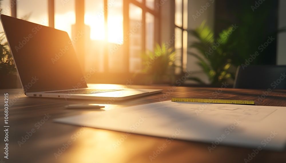 Aufkleber a cozy workspace with a laptop and blank paper, illuminated by warm sunlight, surrounded by greenery