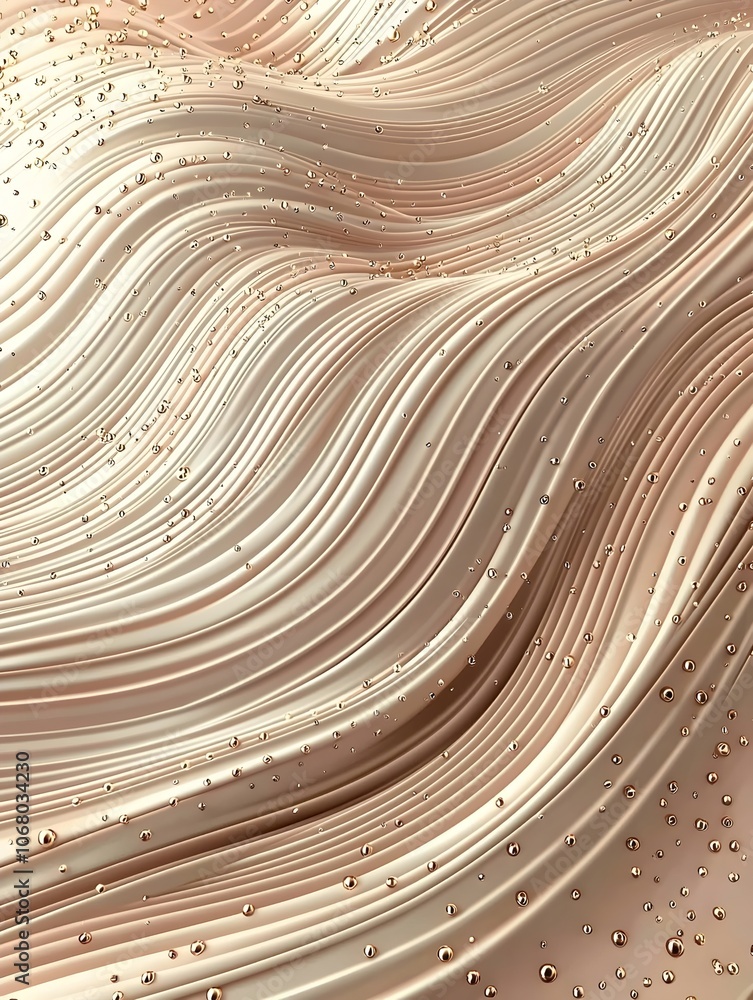 Poster abstract close-up of flowing waves in soft beige tones with scattered droplets, creating a serene an