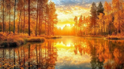 Naklejka premium 56.A breathtaking autumn forest scene captured with a wide-angle view, where golden leaves cascade down from towering trees, their reflections mirrored in the calm waters of a nearby lake. The