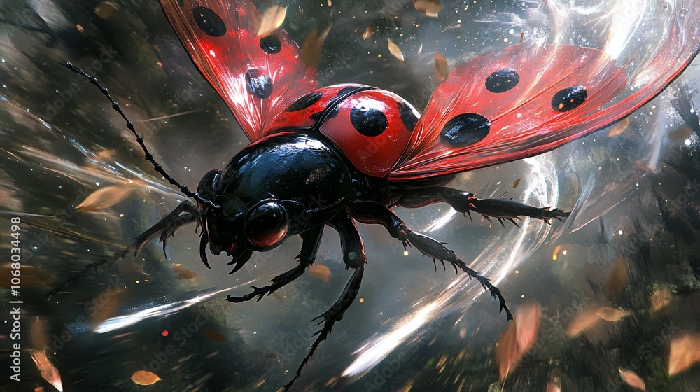Poster a close-up of a red and black ladybug with wings spread open in flight, surrounded by a blur of ligh