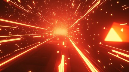3.Triangular arrows in a deep red neon hue extend into the distance, racing through a sleek, glowing digital landscape. Yellow LED beams pulse across the scene, enhancing the sense of velocity and