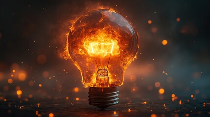 Electric bulb engulfed in flames, symbolizing energy power and danger for design posters.
