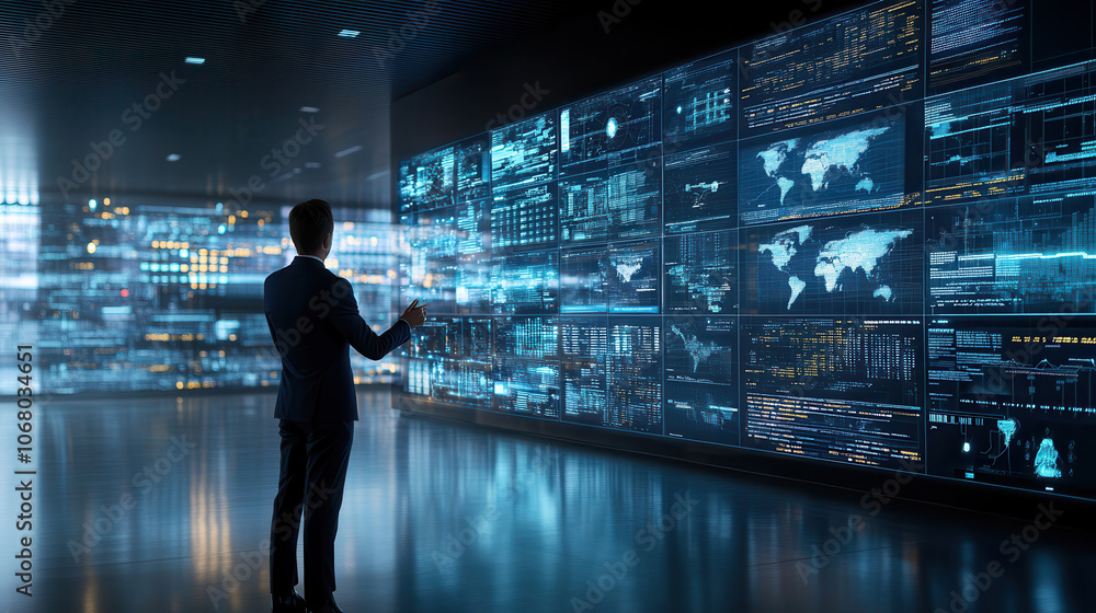 Poster person in contemporary office setting interacts with digital screens displaying data and maps, showc