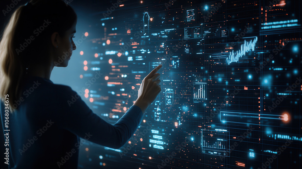 Poster person interacts with digital interface in futuristic environment, showcasing data visualization and