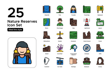 Nature Reserves Filled Line Icon Set: Parklands, Wildlife Areas, and Protected Nature Icons