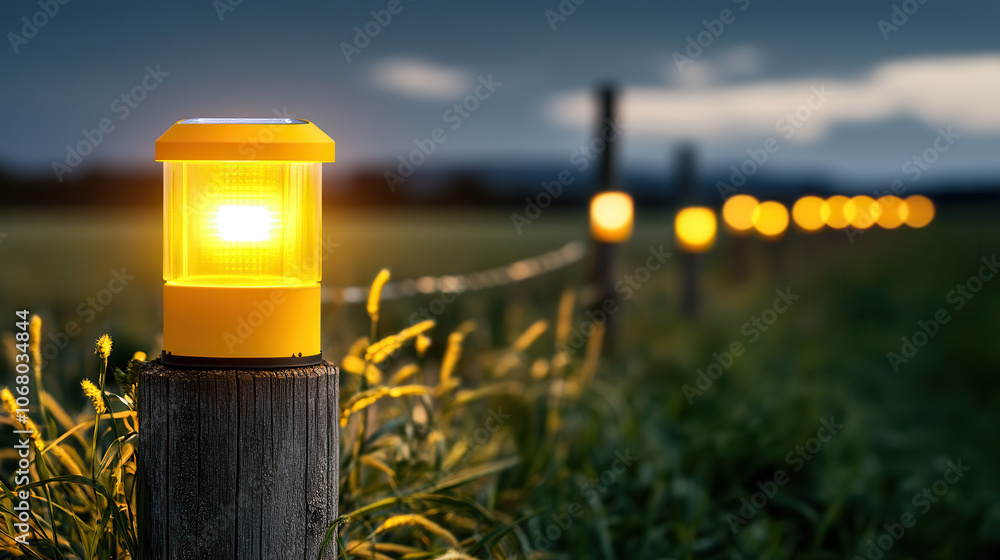 Poster solar powered led beacon light on fence post illuminates field at dusk, creating warm and inviting a