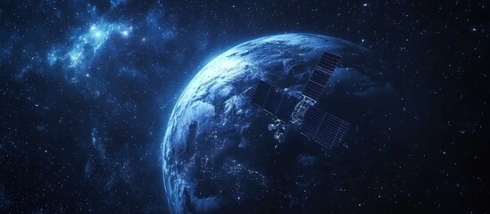 A satellite orbits Earth, a celestial body with a bright nebula in the background.