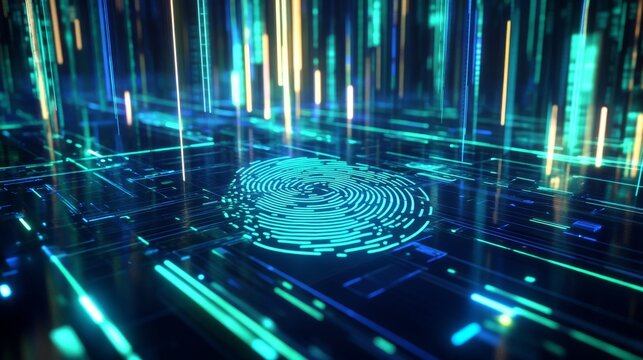 19.A vibrant neon fingerprint displayed in an abstract, tech-driven space. The sharp neon lines glow in electric blue and green, casting light across the dark background. Digital lines and geometric - Powered by Adobe