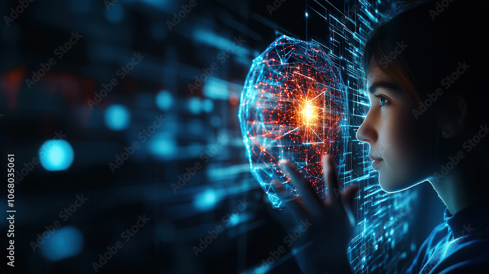 Poster tech savvy individual engages with digital display, exploring futuristic concepts and technology. vi