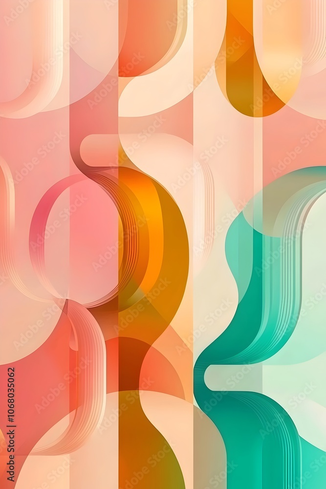 Poster an abstract composition showcasing flowing shapes in warm hues of peach, orange, and aqua, creating 