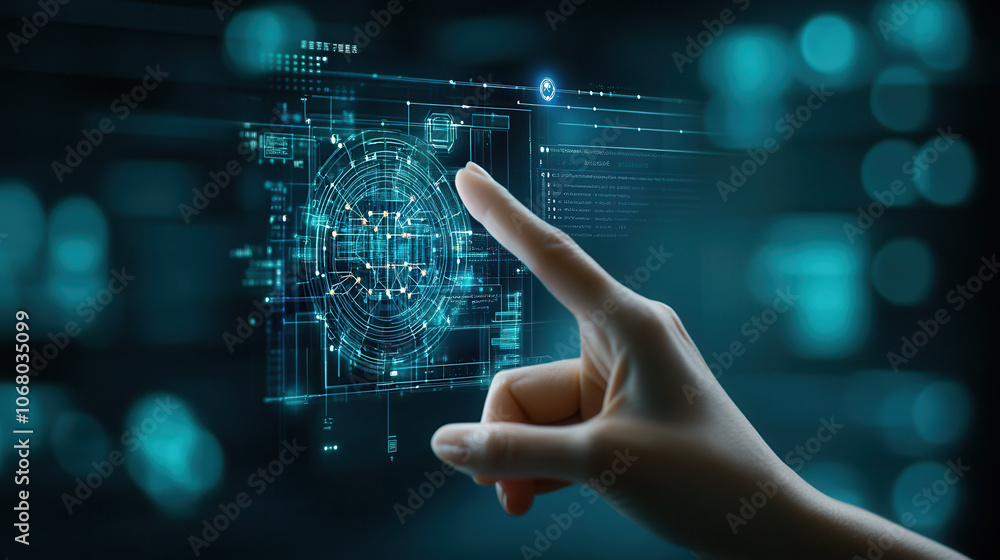 Poster tech savvy individual engages with digital display, showcasing futuristic technology and interactive