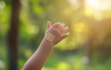 A child's hand with a bandage reaching out in a serene outdoor setting.