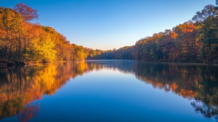 57.A tranquil autumn landscape featuring a calm lake surrounded by dense woods, with the sun rising on the horizon. The still blue waters reflect the fiery autumn foliage in reds, oranges, and