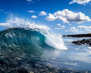 Crystal clear ocean wave crashing against a rocky shore under blue skies