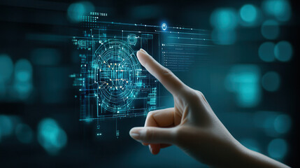 Tech savvy individual engages with digital display, showcasing futuristic technology and interactive elements. scene conveys innovation and advanced digital interfaces