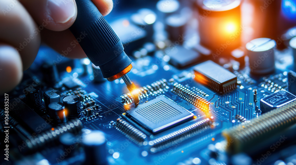 Poster technician uses precision tools to repair circuit board, showcasing skill and focus. intricate detai