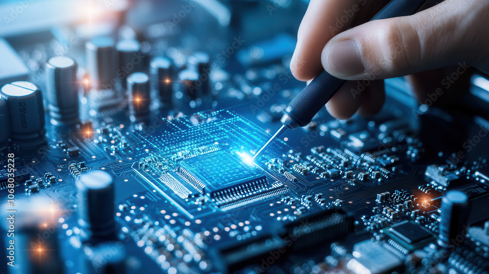 Poster technician carefully works on circuit board, using precision tools to enhance electronic components.