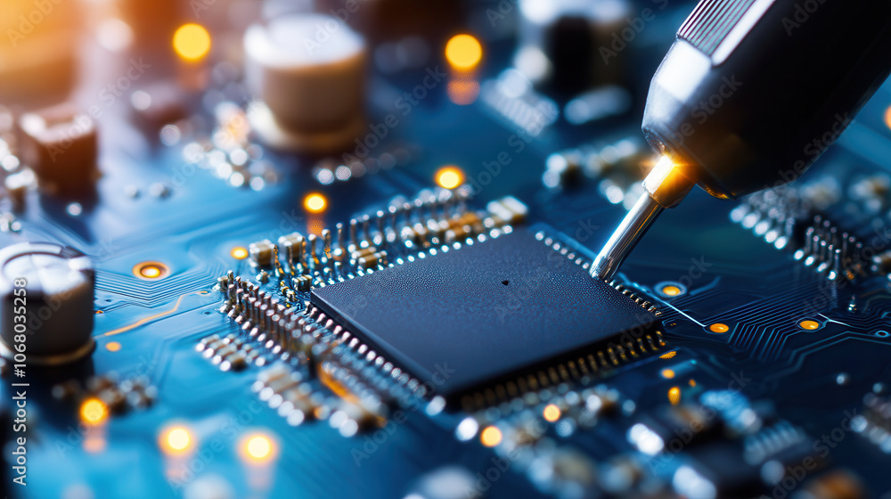 Poster technician uses precision tools to work on microchip, showcasing intricate details of circuit board.