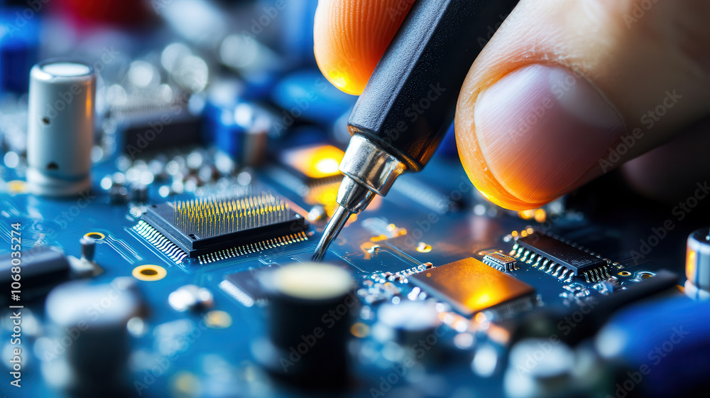 Poster technician uses precision tools to work on circuit board, showcasing intricate electronic components