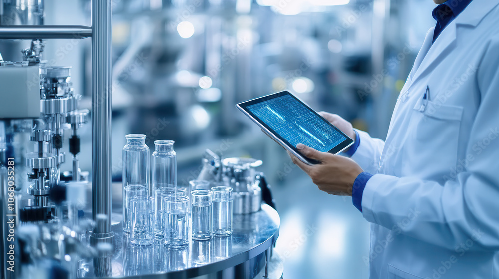 Poster worker in high tech factory uses tablet to monitor production processes, surrounded by glass bottles