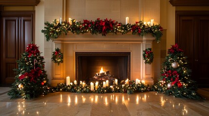 Festive fireplace with lit candles, garland, and Christmas trees.