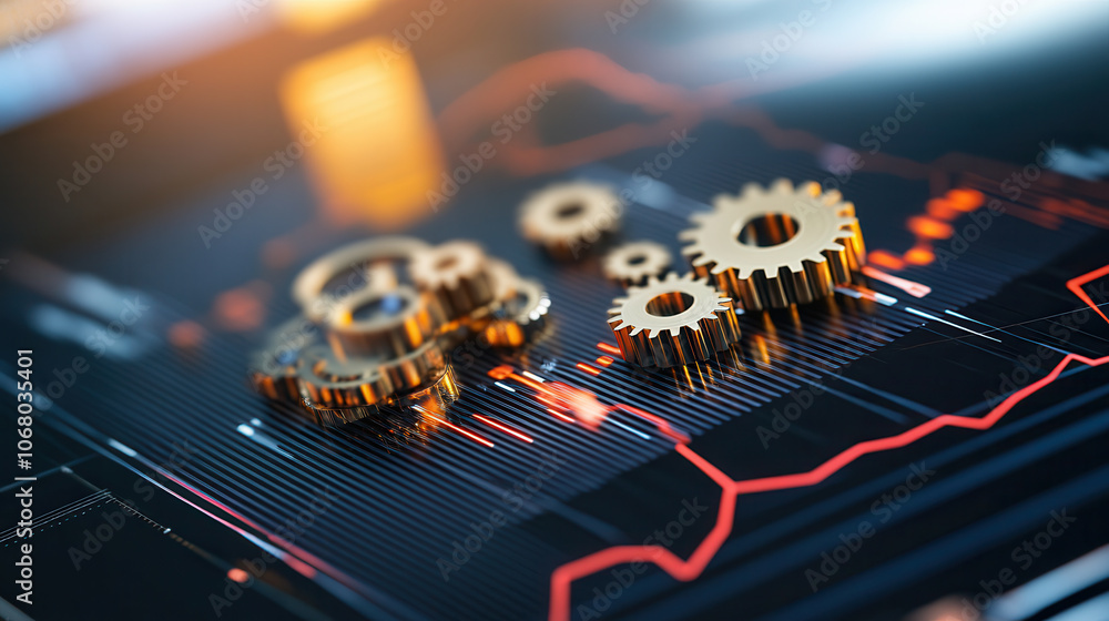 Aufkleber complex array of gears symbolizing economy with financial graphs. intricate design represents interc