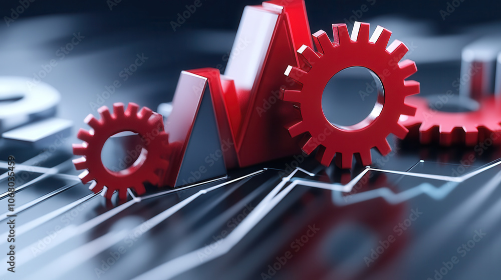 Poster interlocked gears and rising graphs symbolize economic growth and progress. vibrant red gears contra