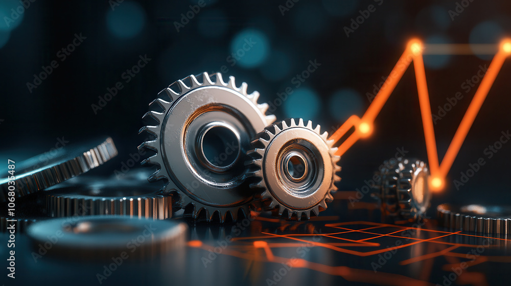 Poster gears of various sizes symbolize economic machinery and growth, showcasing intricate relationship be