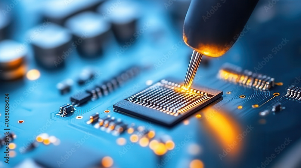 Poster in dimly lit workshop, technician focuses intently on soldering microchip, showcasing precision and 
