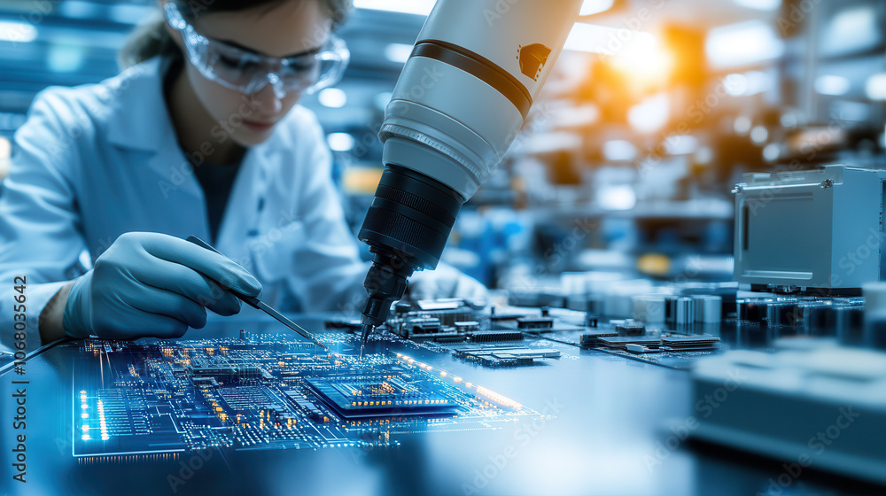 Poster in dimly lit workshop, technician focuses intently on circuit board under microscope, showcasing pre