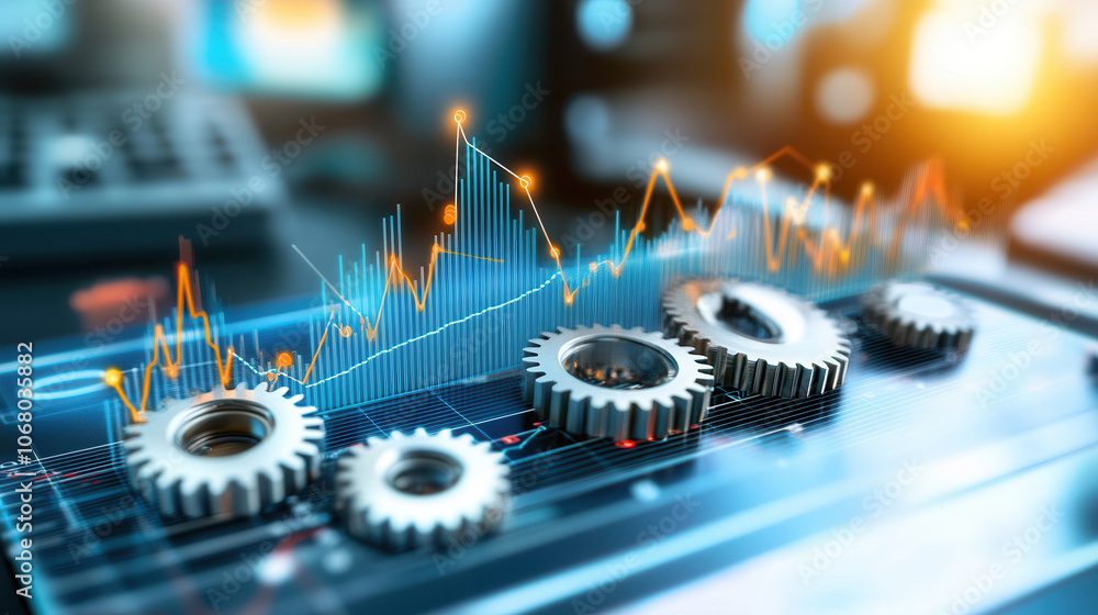 Poster intricate gears in motion symbolize economic growth and data analysis, showcasing connection between
