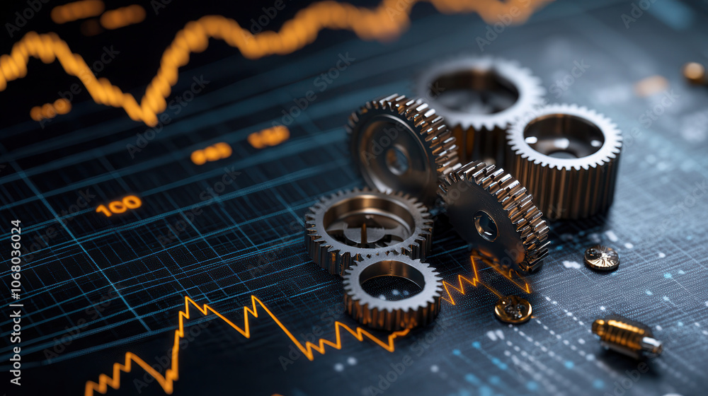 Poster image features mechanical gears symbolizing economic intricacies, set against backdrop of financial 