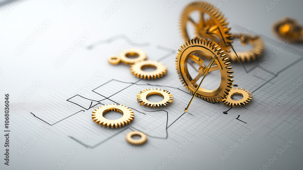 Poster golden gears on blueprint symbolize intricacies of mechanics and engineering. this captures essence 
