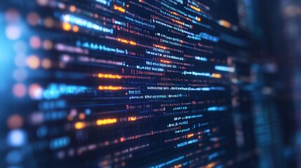 Obraz premium 6.A close-up of programming code displayed on a digital screen, with glowing lines of code scrolling in 3D. The background is filled with futuristic HUD elements and light effects, creating an