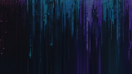 Blue and purple glitch art with pixelated vertical lines on dark background.