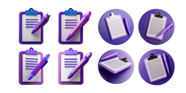 Purple Clipboards and Pens on Transparent Background