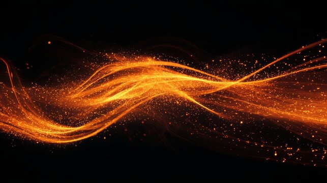 34.Bright orange sparks and glowing particles shoot upwards into the black void, as if from a distant fire. The dynamic motion of the embers creates an abstract, glowing pattern of light, leaving