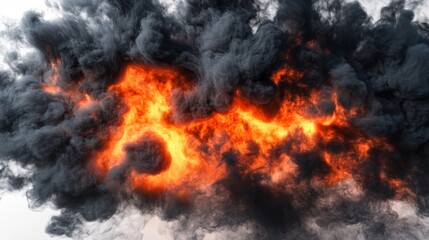 Fototapeta premium 36.A massive explosion of fire and thick smoke erupts on a clean white background, with bright orange flames engulfing the scene. The dense black and grey smoke billows outwards, swirling and mixing