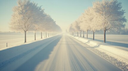Snowy Road Winter Landscape Frosty Trees Scenic Drive