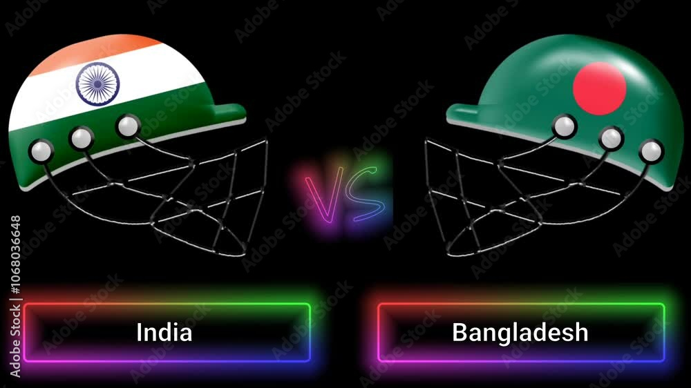 Poster india vs bangladesh match animation with flags on helmets and colorful border over text all on black