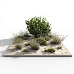 Low Poly 3D Render of a flat plains area with scattered bushes, on isolated white background