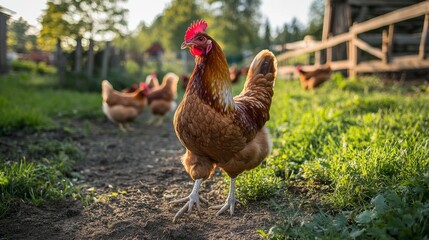 102.A close-up of a hen walking through a sun-dappled farmyard, her feathers glistening in the soft light. Surrounding her, other chickens scratch the ground, and the backdrop of the farm with wooden