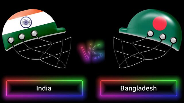 India vs Bangladesh match animation with flags on helmets and colorful border over text all on black background