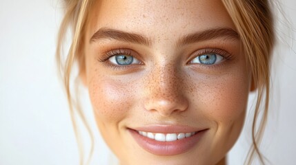 Naklejka premium Beautiful Woman Face Closeup Freckles Blue Eyes Smile