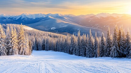 Majestic Winter Sunset Snowy Mountains Pine Forest Ski Slope