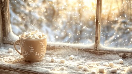 Cozy Winter Hot Chocolate Marshmallows Snow Window